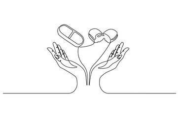 Continuous one line drawing of Hand holding pills medicine. Single line drawing illustration of pills medicine treatment. Medical drugs pharmacy concept vector art. Doodle line illustration.