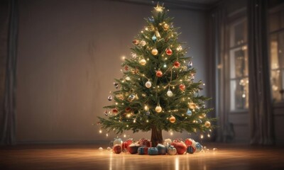 Magnificent Christmas tree, glowing baubles, fairy lights glow ,  fairy lights,  blurred