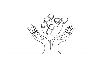 Continuous one line drawing of Hand holding pills medicine. Single line drawing illustration of pills medicine treatment. Medical drugs pharmacy concept vector art. Doodle line illustration.