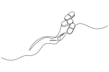 Continuous one line drawing of Hand holding pills medicine. Single line drawing illustration of pills medicine treatment. Medical drugs pharmacy concept vector art. Doodle line illustration.