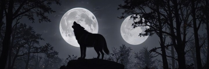 Lone wolf howls under a full moon, silhouetted against dark trees , Wolf,  illustration,  art