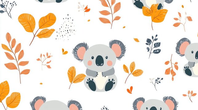 Cute koala and autumn leaves seamless pattern