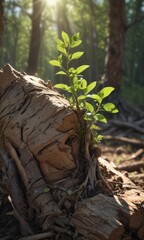 Fototapeta premium New sapling sprouts from decaying log, sunlight dappled, tree, macro