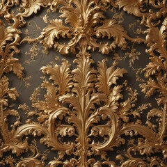 Opulent gold baroque wallpaper, swirling acanthus leaves & ornate details, gilded, baroque, vintage