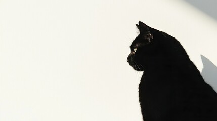 A silhouette of a black cat gazing intently, with soft light accentuating its features against a plain white background.