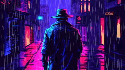 Fototapeta premium Rainy Night Detective with Neon City Streets.
