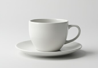 Obraz premium A simple white ceramic cup sitting on a saucer against a plain white background in a studio setting
