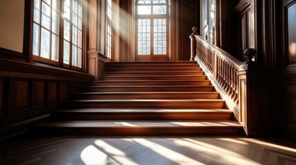 Obraz premium Elegant wooden staircase with natural light and intricate details