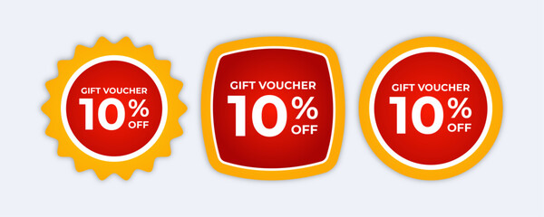 Three red gift voucher labels with 10 off.
