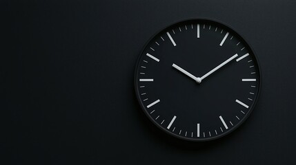 A minimalist black wall clock with white hands and markers, set against a dark background, emphasizing simplicity and modern design.