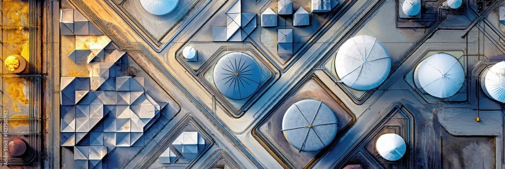 Poster geometric aerial view of oil terminal storage tanks with organized layout in industrial area during 