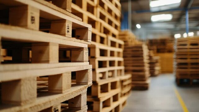 Brown wooden pallets are stacked in a warehouse used for storage and shipping in the timber industry