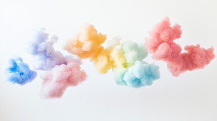Colorful, fluffy clouds of pastel rainbow hues against a white background