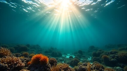 Fototapeta premium Sunlit Coral Reef - Underwater Ocean Scene