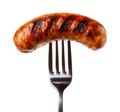 Grilled sausage on a fork isolated on transparent background