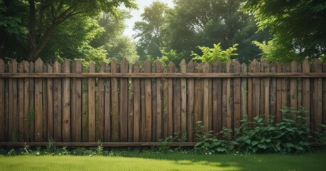 Fototapeta premium Rustic wooden fence with poster mockup, lush green park background, poster mockup, advertisement
