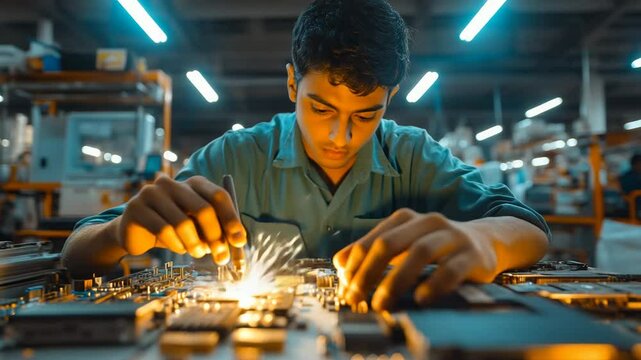 A man is working on a computer chip. He is focused and determined. Concept of concentration and dedication to his work