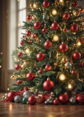 Ornate Christmas tree, vibrant baubles, soft bokeh lights,  festive,  bokeh