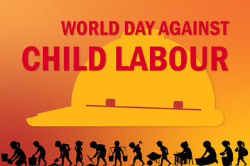 World Day Against Child Labour vector art. Child labourers in silhouette, with a protective safety helmet. Child worker and child labor awareness campaigns.