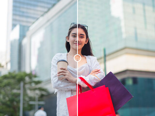 Split-screen image shows original versus color-graded portrait of a woman standing outdoors,...