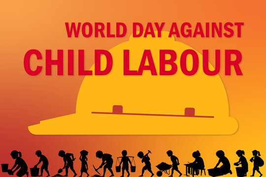 World Day Against Child Labour vector art. Child labourers in silhouette, with a protective safety helmet. Child worker and child labor awareness campaigns.