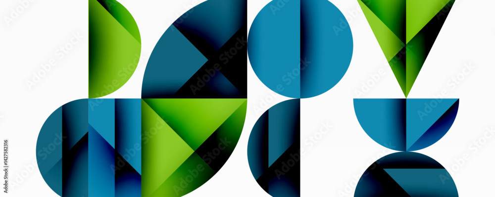Leinwandbilder Abstract geometric composition. Shapes overlap, creating dynamic visual interest. Blue, green gradients dominate design. Minimalist aesthetic, modern feel.