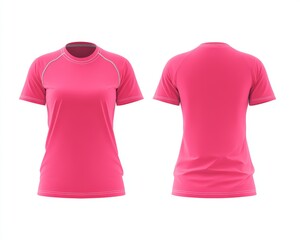 Sports. Active recreation. Blank neon pink t-shirt mockup front, back view. Sportswear design template for outdoor sports safety. Active wear