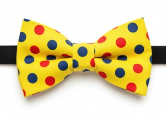 Yellow bow tie with red and blue polka dots isolated on white background