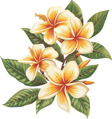 Frangipani flower with yellow petals and green leaves. Vector design illustration for Decoration