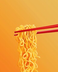 Noodle Delight: Capture the essence of culinary delight with this vibrant close-up shot, a pair of chopsticks gracefully lifts a perfect portion of savory noodles. a flavorful meal.