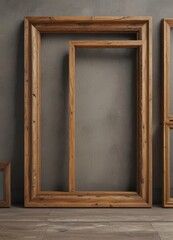 Rustic wood frames, varied sizes, on textured background,  arrangement,  style,  design