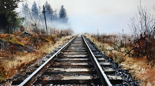 A train track with a train in the distance. Generated using AI. - Powered by Adobe