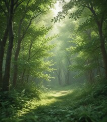 Fototapeta premium Soft, blurred green leaves create an ethereal forest backdrop , bokeh background, jungle