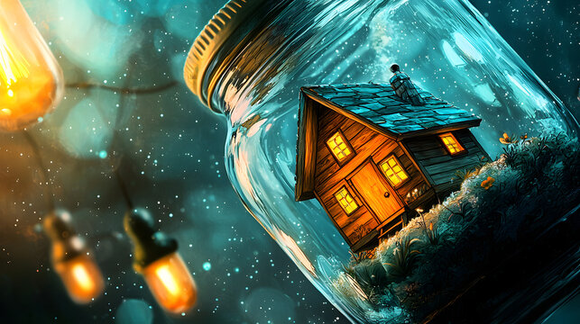 A house is in a jar. Generated using AI.