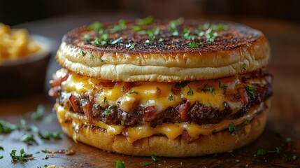 Two grilled cheese sandwiches in a close - up shot, with the top slice slightly ajar to show golden - brown spots and melted cheddar. Dark wood background adds depth.