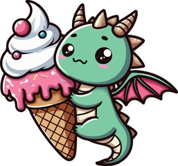 Cute Chibi Dragon Eating Ice Cream Character Cartoon Illustration