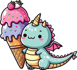 Obraz premium Cute Chibi Dragon Eating Ice Cream Character Cartoon Illustration