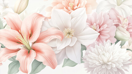 Delicate blossoms in soft peach and white and soft pink hues, Soft Abstract close up of peach cream flower petals, white floral background soft pastel and white gradient blooms Idea for background.