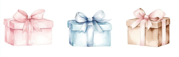 Obraz premium Three Watercolor Gift Boxes with Ribbons