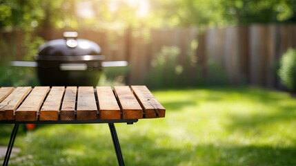 Fototapeta premium Sunny Backyard BBQ Wooden Table with Grill, and Summer Fun.