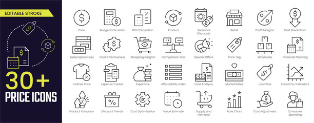 Price Stroke icon collections. Containing Price, Budget Calculator, Product, Profit Margins, Cost Breakdown, Financial Planning, and Cost Analysis icons. Editable Stroke icon collection Outline icon