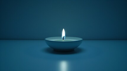 Minimalist candle flame in shallow dish illuminating tranquil blue serenity