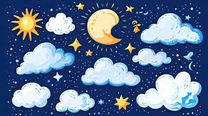 Night Sky Dreamscape Sun with Moon, and Stars  Clouds.