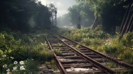 Fototapeta premium An abandoned, overgrown railway track in a rural setting, with weeds and wildflowers growing between the rails, evoking a sense of nostalgia and forgotten journeys.