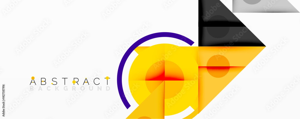 Poster Abstract geometric composition. Yellow dominates, accented by purple arc, black shapes. Modern design elements create dynamic visual experience. Clean lines, simple forms.