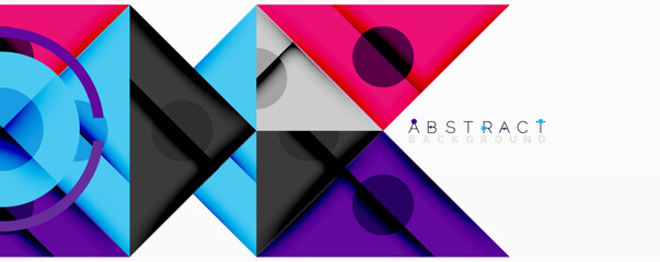 Geometric shapes overlap creating vibrant, modern design. Bright pinks, blues, purples contrast with black, white. Gradient effects add depth, texture. Minimalist aesthetic.