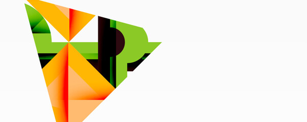 Abstract geometric composition. Orange, green, black shapes intersect creating dynamic visual effect. Minimalist design with clean lines, modern aesthetic. Bright colors dominate white background.