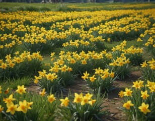 Sunlit daffodil field, vibrant yellow blooms, lush green grass, wildflowers, beautiful