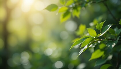 Fototapeta premium Green Leaves Glowing in Sunlight Bokeh Background