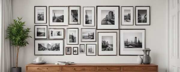 Stylish photo frame arrangement  White wall, diverse frames ,  frame arrangement,  interior design